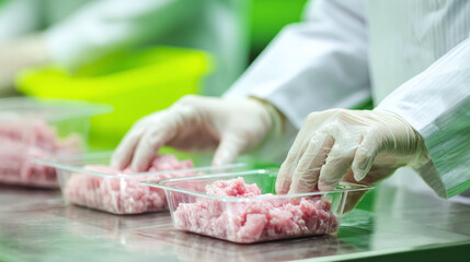 Workers wearing gloves handle packages of ground meat in a clean, controlled environment at a food processing factory. Quality check and packaging of the product.