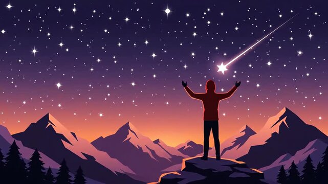 Animated Journey: Man Silhouette Watching Starry Night Over Mountain Peaks Landscape