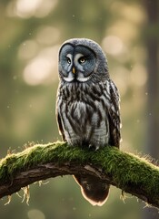 A highly detailed and realistic great grey owl sitting on a mossy tree branch in a natural forest environment. Soft background blur and natural lighting. Created using generative AI.
