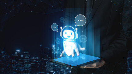 AI chatbot virtual assistant interacting with users through AI conversation bubbles, symbolizing AI automation, smart communication, and AI digital artificial intelligence help support Vouch