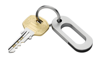 Silver key with modern key fob on transparent background