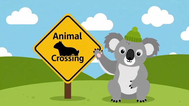 Animated Koala With Hat Beside Animal Crossing Sign On Nature Background Loop Animation
