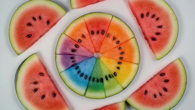 Vibrant Watermelon Wheel Slices Arranged in a Rainbow Gradient Color Pattern, Freshness