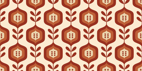 Fototapeta na wymiar Retro 70s seamless floral pattern. Geometric vintage flower background. Groovy vector abstract wallpaper. Modern trendy minimal simple ornament for fabric print