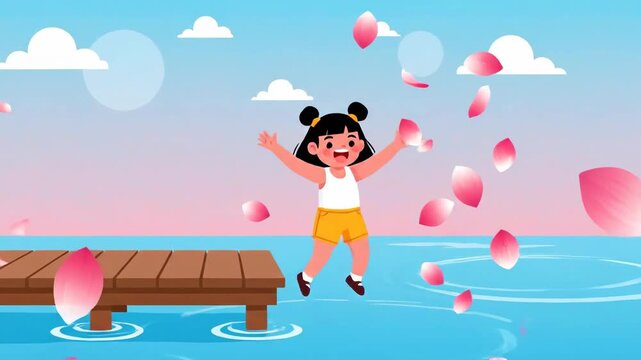Animated Little Girl Enjoying Summer Fun Jumping Off a Pier into Water with Petals