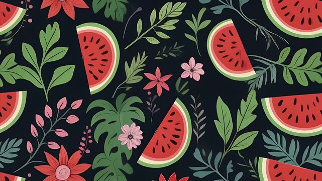 Watermelon slices and botanical elements, seamless pattern, summer theme, design element