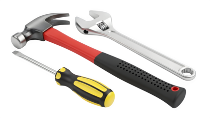 Set of common hand tools including a claw hammer, adjustable wrench, and screwdriver, isolated on transparent background