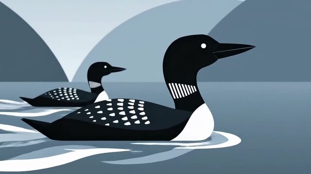 Animated Loon Family Sequence Diving And Swimming In Serene Lake With Mountain Backdrop