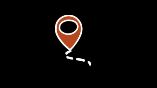 Location map pin with route path dashed line pointer icon animation loop on transparent background.