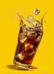 A glass of cola with ice cubes, tilted and splashing, against yellow background
