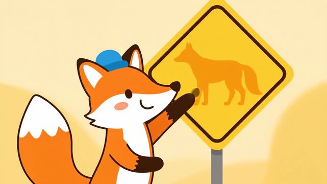 Animated Fox Interactions With Sign Cartoon Style Illustration For Educational Content