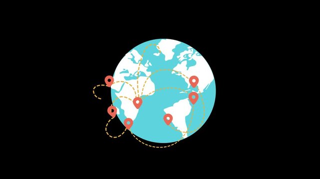 Global earth map with location pins route connection network animation on transparent background.