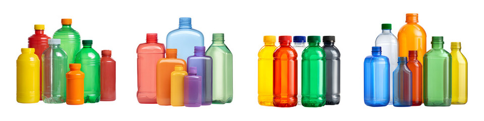 Set of colorful translucent empty plastic bottles with different shapes, sizes, and color. reusable and disposable beverage containers, isolated on transparent background