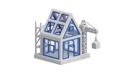 Modern house construction in progress with crane and scaffolding, architectural model concept isolated on transparent background