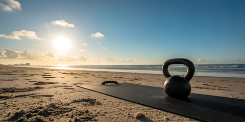Black kettlebell for strength training on a sandy beach