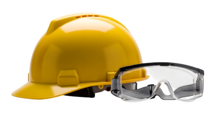Yellow hard hat and safety goggles isolated on transparent background