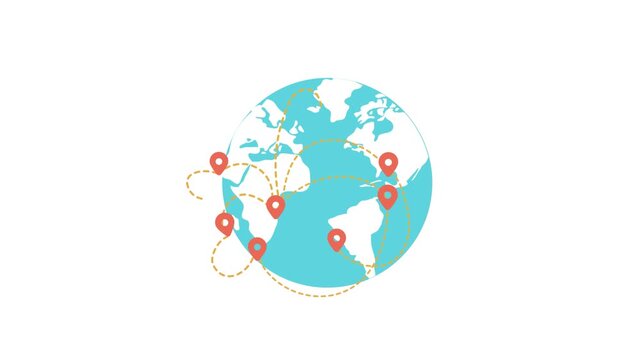 Global earth map with location pins route connection network animation on transparent background.