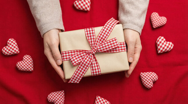 First person top view photo of st valentine's day decorations female hands holding kraft paper giftbox with checkered ribbon bow and hearts on isolated red background - Powered by Adobe