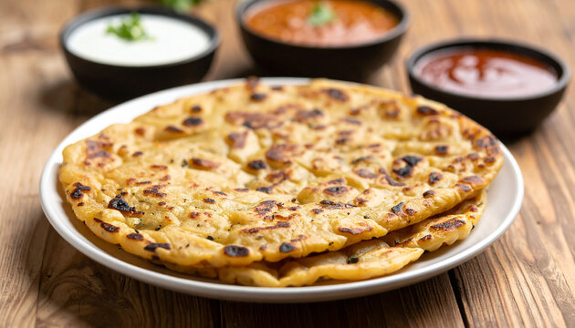 Aloo paratha with dipping sauces on wooden table, tasty Indian meal, delicious snack.