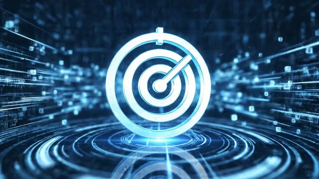 Digital target bullseye arrow precision technology data network digital blue glowing precision focus with dynamic light trails binary particles futuristic data grid circular rings streaming hologram