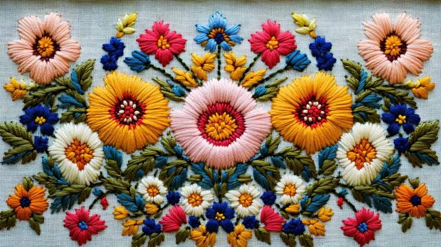 Colorful flower embroidery pattern on fabric with bright threads and detailed design