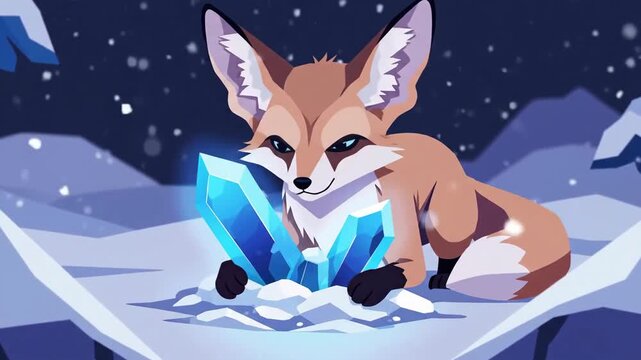 Animated Fox Resting With Crystal On Snowy Mountain, Cartoon Style Animated Background