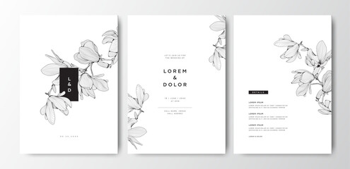 minimalist wedding card with magnolia flower line art design   © Dream4