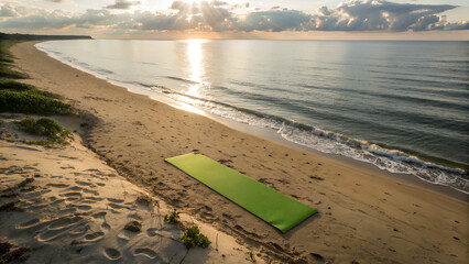 bright green yoga mat on a sandy beach at sunset for outdoor meditation and fitness exercise