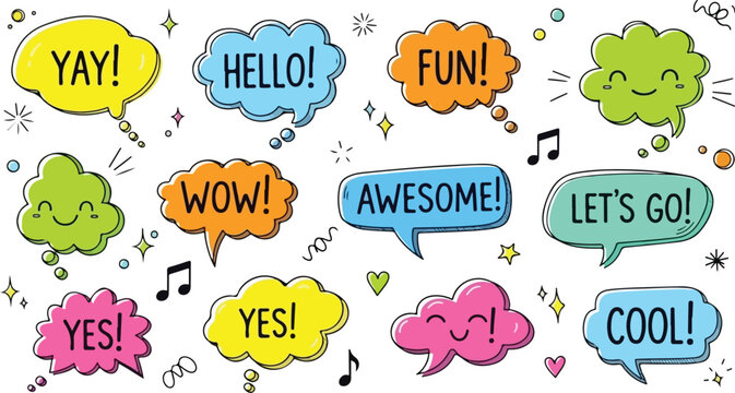 Bright hand drawn decorative speech bubbles with short fun messages vector design.eps