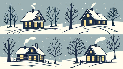 Cozy Winter Cabin Scenes Snowfall Holiday Greeting Card Design Festive Rural Landscape Illustration for Seasonal Advertising