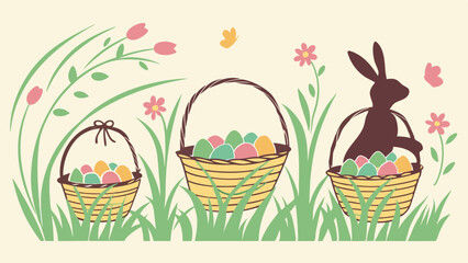 Easter Bunny Hunt Baskets Filled with Colorful Eggs Spring Meadow Illustration for Holiday Greeting Cards Website Banners