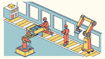 Automated Factory Assembly Line with Robotic Arms and Workers Integrating Manufacturing Technology for Production Efficiency