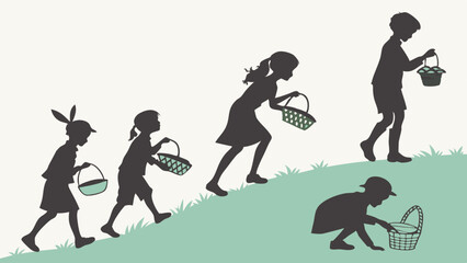 Children Silhouettes Climbing Hill Carrying Easter Baskets Spring Egg Hunt Activity