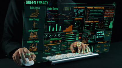 A close-up of a futuristic digital display highlighting diverse green energy types, showcasing analytics and information on renewable solutions for sustainable power generation. Cipher