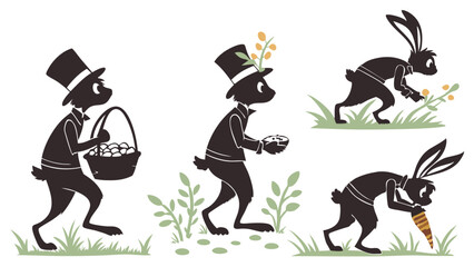 Charming Black Rabbit Silhouette Set For Easter Holiday Design Elements Whimsical Top Hat Bunny Collecting Eggs and Carrots