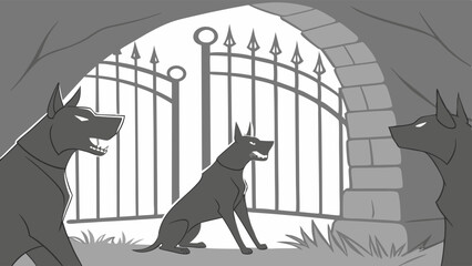 Vicious Guard Dogs Protecting Dark Iron Gate Entrance Danger Zone Security and Threat Illustration Graphic Novel Style