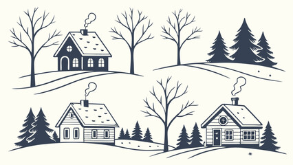 Cozy Winter Cabin Houses Silhouette Set Rustic Snowy Landscape Line Art Hand Drawn Village Scene for Christmas Holiday Greeting Card Design
