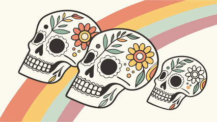 Day of the Dead Sugar Skulls Illustration Retro Pastel Rainbow Background Calavera Art for Festive Holiday Celebration Design