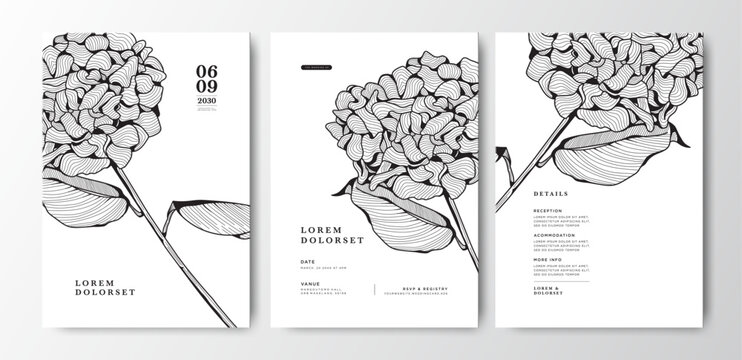 wedding card with hand drawn hydrangea flower design

