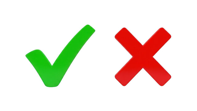 3d green check mark and red cross symbols isolated on transparent background