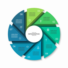 Infographic circle divided into 8 segments. Cycle diagram with eight steps. Can be used for business presentation, report, brochure, data visualization, marketing materials. Vector illustration.