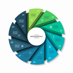 Infographic circle divided into 10 segments. Cycle diagram with ten steps. Can be used for business presentation, report, brochure, data visualization, marketing materials. Vector illustration.