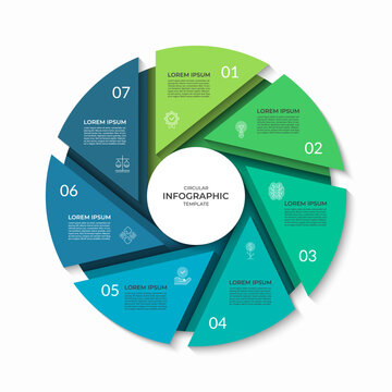 Infographic circle divided into 7 segments. Cycle diagram with seven steps. Can be used for business presentation, report, brochure, data visualization, marketing materials. Vector illustration.