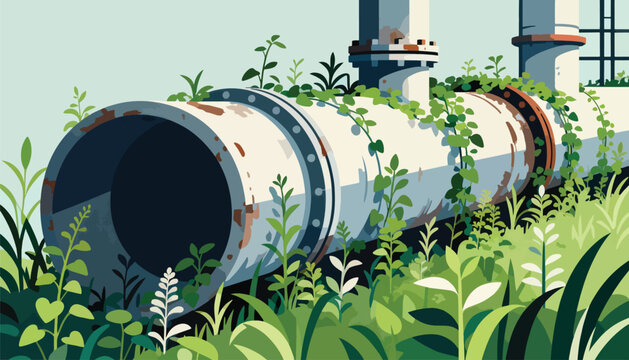 Overgrown industrial pipes with lush greenery reclaiming the landscape