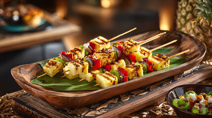 Grilled pineapple skewers on a wooden platter, offering a tropical-inspired appetizer. Colorful peppers and onions complement the sweet and tangy pineapple.
