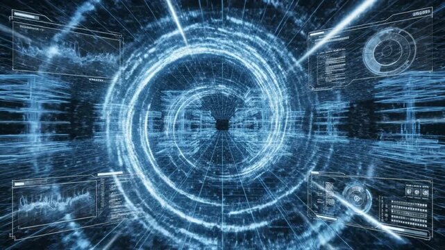 Digital blue data tunnel with glowing circular interface, futuristic particle visualization and motion holographic grid interface tunnel, streaking data lines and immersive cyber technology