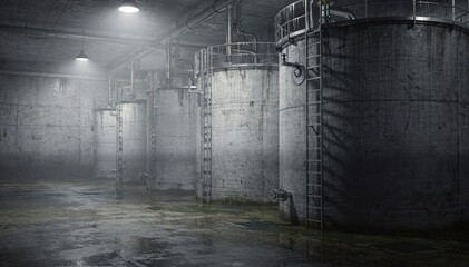 Underground raw water storage tanks viewed in medium shot emphasizing the enclosed space with dim lighting and access ladders for inspection and maintenance.