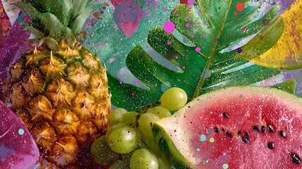 Colorful tropical fruit arrangement with pineapple green grapes and watermelon