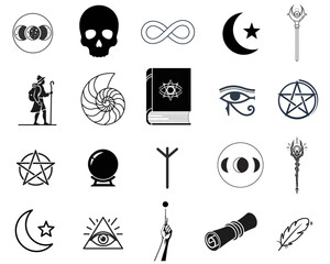 Esoteric Symbols Set: Mystic, Occult, and Spiritual Icons - Tarot Arcana, Alchemy, Magic Elements, Divination, Witchcraft, Fortune Telling Vector