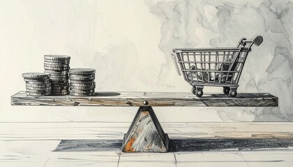 Balance of coins and basket on a wooden scale